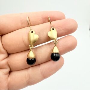 Heart Gold Tone Black Onyx Gemstone Teardrop Dangle Earrings